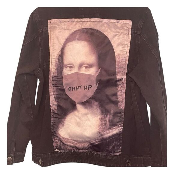 American Bazi Mona Lisa Graffiti Shut Up Jean Jacket Black Distressed Denim M - Picture 3 of 6